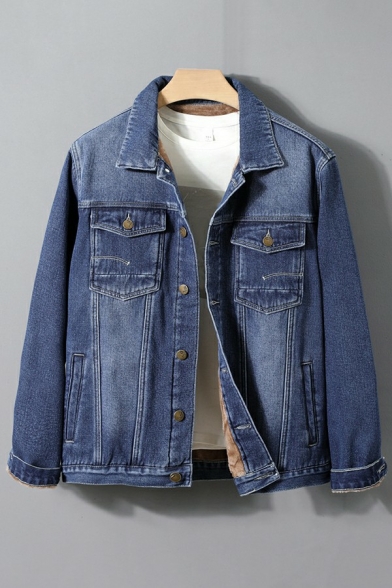 Retro Jeans Jacket Button Up Side Pocket Turn-Down Collar Long Sleeve Regular Fit Denim Jacket for Men