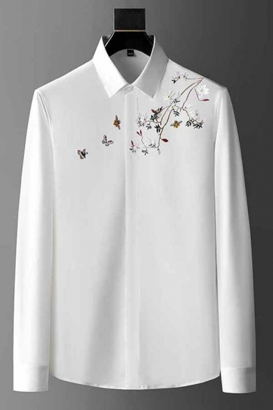 Retro Mens Shirt Flower Embroidered Button Closure Long Sleeves Turn down Collar Fitted Shirt