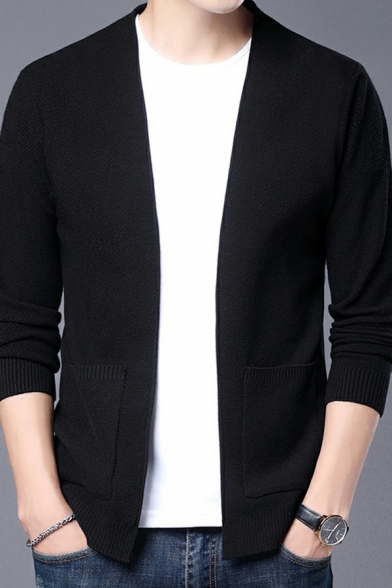 Simple Guys Cardigan Solid Color Ribbed Trim Collarless Long Sleeve Front Pocket Regular Fit Cardigan