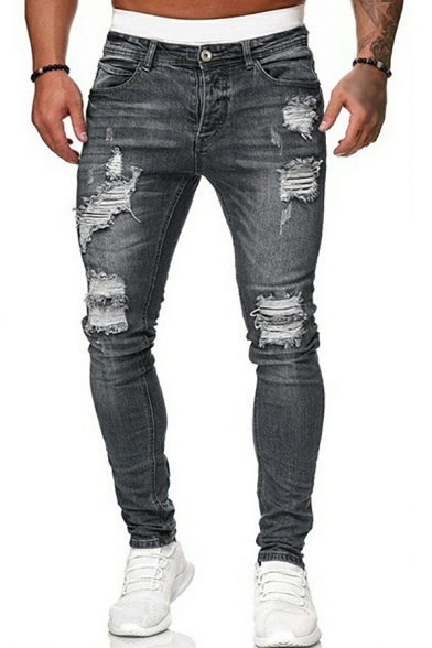 Simple Men Break Hole Jeans Pure Color Medium Wash Mid Rise Pocket Detail Zipper Placket Long Length Slim Fit Jeans