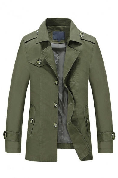Trendy Trench Coat Pure Color Collar Long-sleeved Button Up Side Pocket Trench Coat for Men