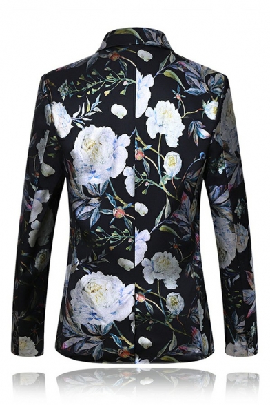 Vintage Jacket Suit Flowers Printed Long-Sleeved Single Button Pocket Detail Slim Fit Suit for Men