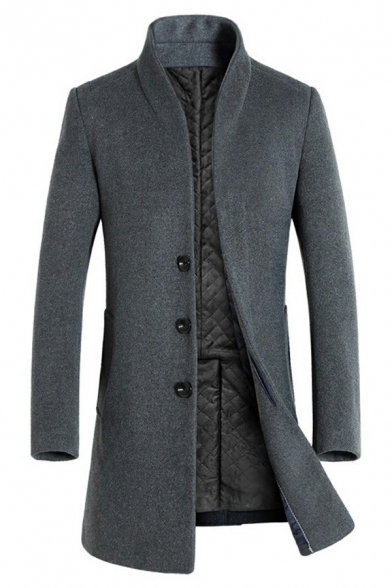 Vintage Mens Woolen Coat Pure Color Single Breast Long Sleeves Stand Collar Fitted Woolen Coat