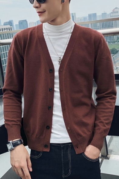 Basic Designed Cardigan Solid Color Button Down V-Neck Long Sleeve Slim Fit Cardigan for Men