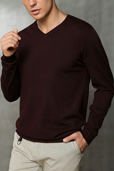 Basic Men's Sweater Pure Color V-Neck Long-Sleeved Regular Fitted Sweater