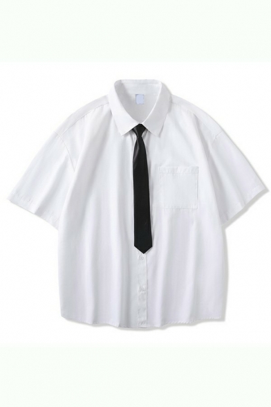 Basic Mens Shirt Pure Color Short Sleeve Lapel Collar Loose Fit Shirt with Pocket