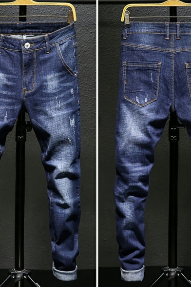Basic Washing Jean Dark Wash Mid Rise Pocket Detail Zipper up Long Length Regular Fit Jeans for Men