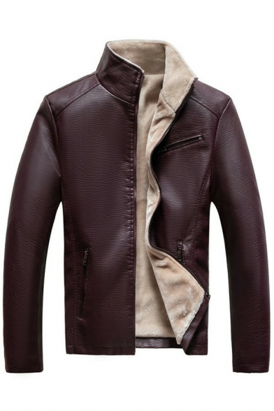 Boy's Basic Jacket Solid Chest Pocket Stand Collar Long-sleeved Regular Zip Fly Leather Jacket