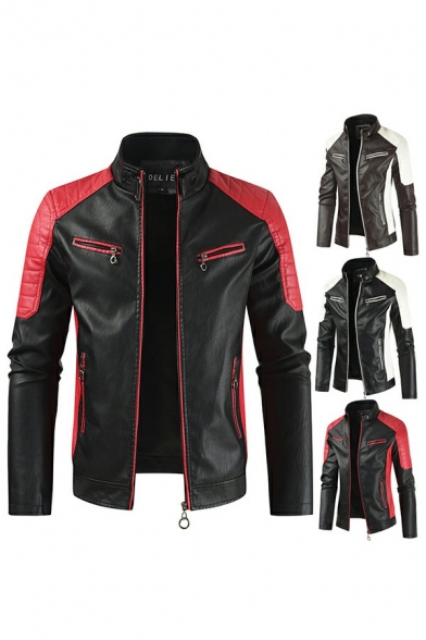 Casual Guys Jacket Contrast Color Stand Collar Long-Sleeved Skinny Zipper Leather Jacket