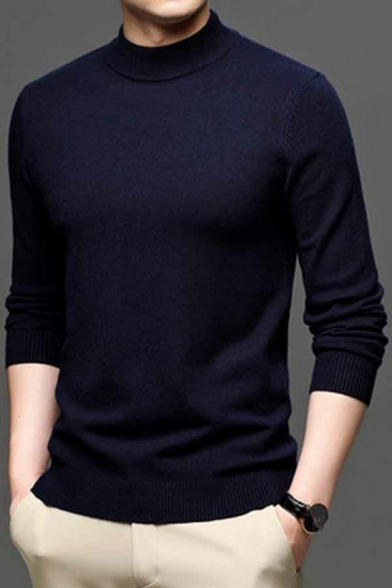 Casual Men's Sweater Pure Color Long-Sleeved Mock Neck Slim Fit Pullover Sweater