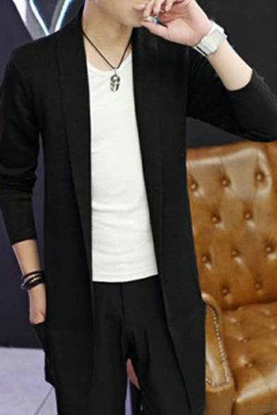 Casual Mens Cardigan Solid Color Long-sleeved Open Front Long Length Loose Cardigan