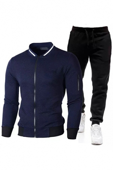 Casual Mens Co-ords Solid Color Quilted Detail Stand Collar Contrast Trim Zip Placket Sweatshirt & Pants Fitted Co-ords