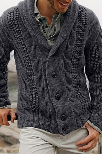 Chic Cardigan Jacquard Pattern Shawl Collar Long-Sleeved Regular Button Fly Cardigan for Men