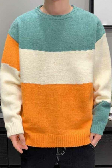 Comfortable Men's Sweater Color Block Long Sleeves High Neck Loose Fitted Pullover Sweater