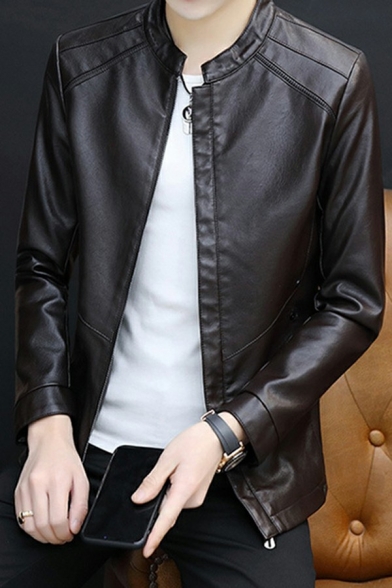 Cool Mens Coat Pure Color Pocket Detail Stand Collar Long-Sleeved Relaxed Zipper Leather Coat