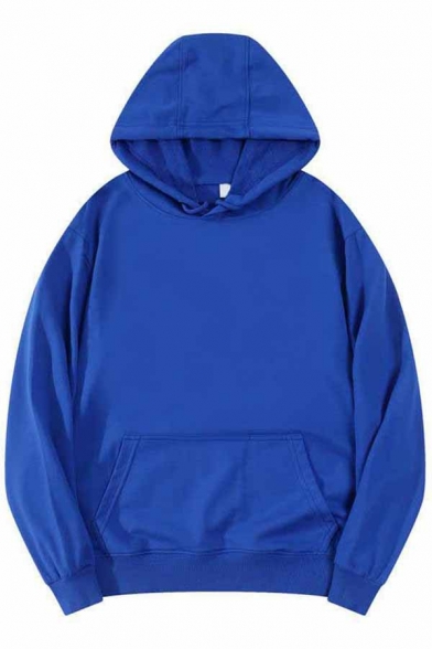 Edgy Solid Color Men's Hoodie Drawstring Long Sleeves Front Pocket Loose Fit Hooded Sweatshirt