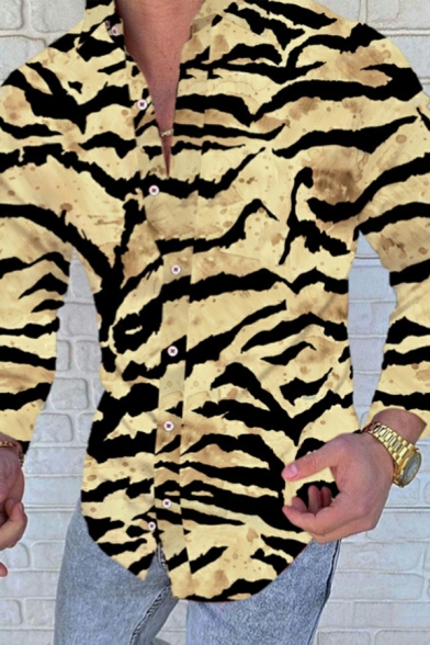 Elegant Shirt Leopard Pattern Turn-down Collar Skinny Long-Sleeved Button Down Shirt for Boys