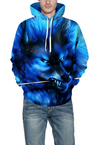 Fashionable Mens Hoodie 3D Wolf Pattern Drawstring Kanga Pocket Long Sleeve Loose Fit Hoodie