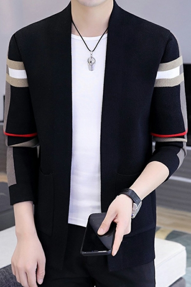 Guy's Trendy Cardigan Arm Contrast Line Pocket Stand Collar Relaxed Long Sleeves Open Front Cardigan