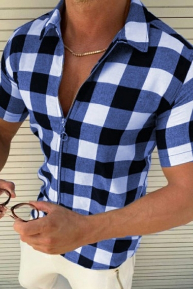 Guys Creative T Shirt Contrast Color Plaid Print Zip Placket Turn-Down Collar Slim Long Sleeve Shirt
