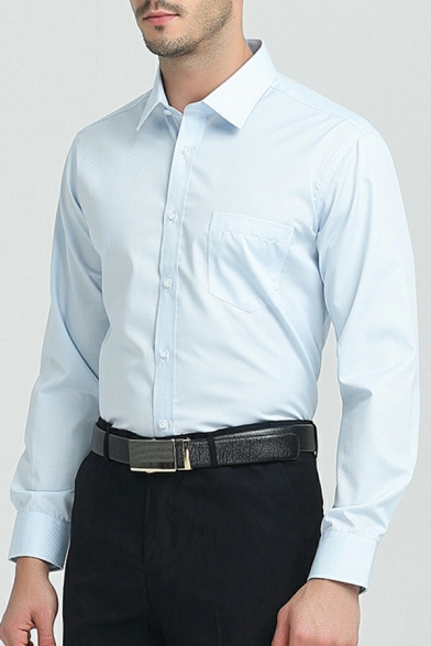 Guys Pop Shirt Solid Color Pocket Detail Button Up Turn-Down Collar Slim Fitted Long Sleeve Shirt