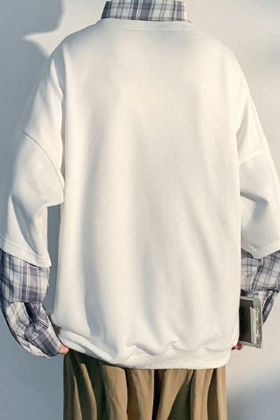 Guys Pop Sweatshirt Plaid Print Faux Twinset Panel Long Sleeve Oversized Sweatshirt