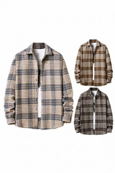 Guys Trendy Checker Pattern Shirts Turn-Down Collar Button Closure Long Sleeve Oversized Shirts