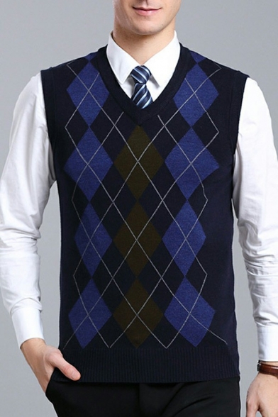 Leisure Knitted Vest Argyle Pattern Rib Hem V-Neck Slim Fit Sleeveless Sweater Vest for Men