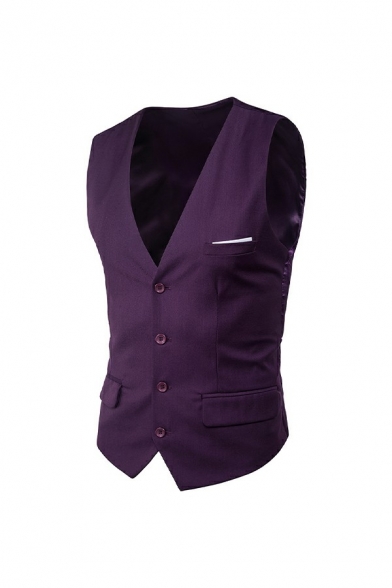 Men Hot Suit Vest Solid Color Sleeveless Regular Fit V-Neck Button Up Suit Vest