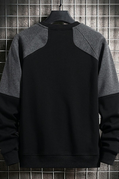 Men's Fashion Sweatshirt Color Block Round Neck Rib Cuffs Long Sleeves Loose Fitted Sweatshirt