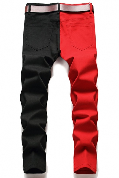 Men Sporty Denim Pants Color Block Zip Closure Pocket Detail Slim Fit Long Denim Pants