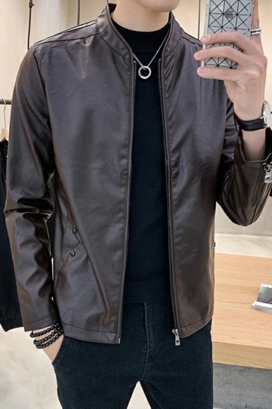 Men Urban Leather Jacket Solid Color Stand Collar Full-Zip Long Sleeve Regular Fit Leather Jacket