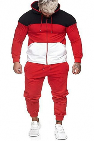 Men Urban Set Contrast Color Drawcord Regular Long-Sleeved Hooded Zip Fly Hoodie with Pants Co-ords