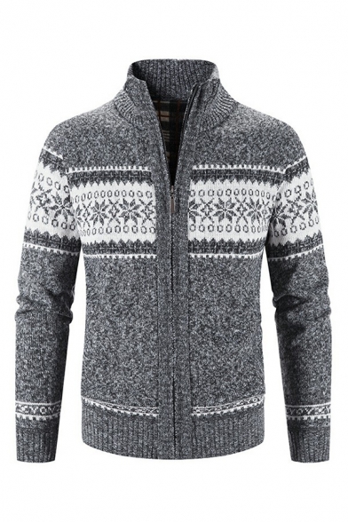 Mens Trendy Cardigan Color Block Stand Collar Long Sleeves Button Closure Regular Fit Cardigan Sweater