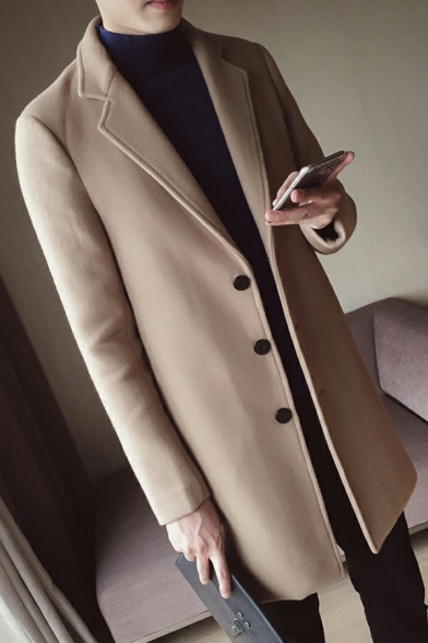 Popular Guys Coat Plain Lapel Collar Long Sleeves Button Placket Regular Coat