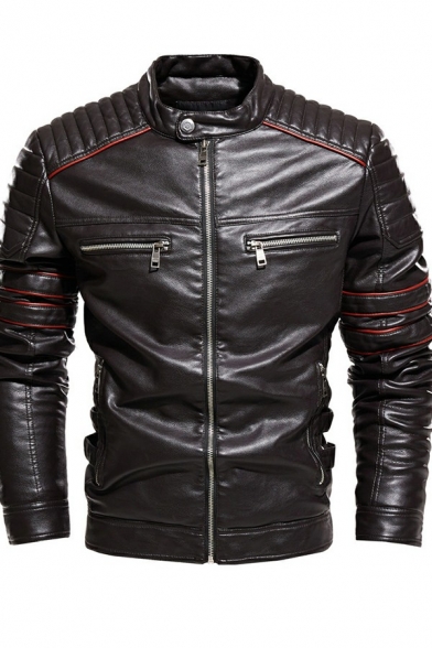 Popular Guys Jacket Plain Pleated Designed Stand Collar Long Sleeves Slim Zipper Leather Jacket