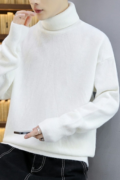Simple Men's Sweater Pure Color High Neck Long Sleeve Loose Fit Pullover Sweater