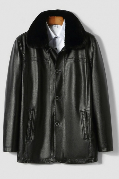 Street Look Men Jacket Solid Color Fleece Collar Regular Long Sleeves Zipper Leather Jacket