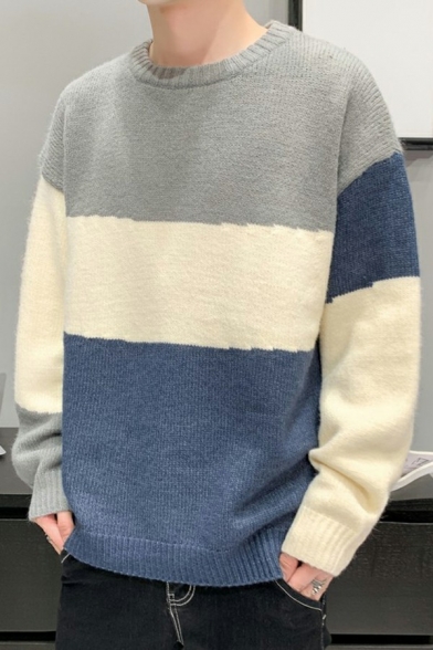 Trendy Men's Sweater Contrast Color Crew Neck Long Sleeve Regular Fit Sweater
