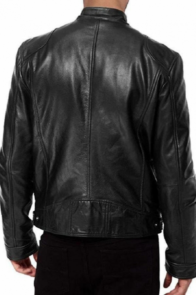Trendy Mens Leather Jacket Pure Color Long Sleeves Stand Collar Pocket Detail Zip Placket Leather Jacket
