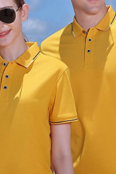 Trendy Polo Shirt Contrast Color Trim Button Half Placket Slim Short Sleeve Polo Shirt for Men