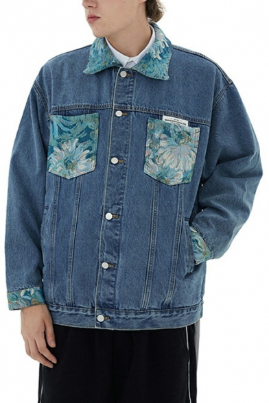 Vintage Men Jacket Flower Print Spliced Pockets Detail Button Fly Spread Collar Relaxed Denim Jacket