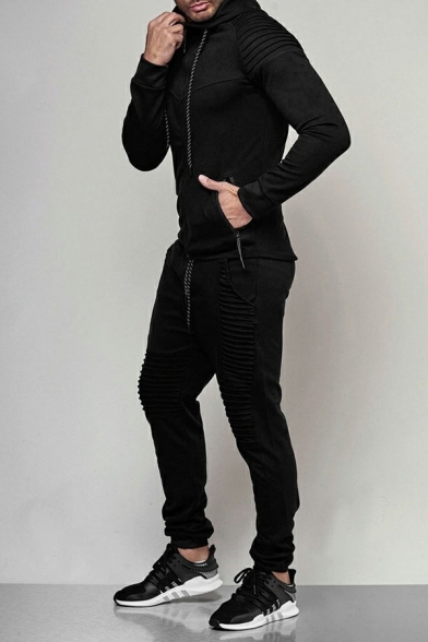 Basic Set Plain Drawstring Pleated Detail Zipper Down Long-Sleeved Hoodie & Pants Slim Fit Set for Guys