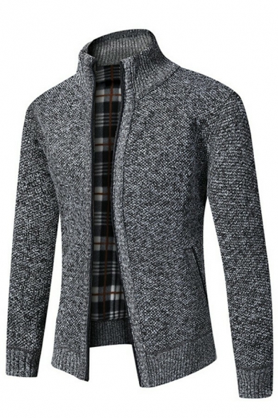Casual Cardigan Solid Plaid Lined Zip-up Stand Collar Pocket Long Sleeves Cardigan for Men
