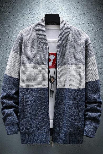 Casual Guys Cardigan Color Block Zipper Down Long Sleeve Loose Fitted Thickened Knitted Cardigan