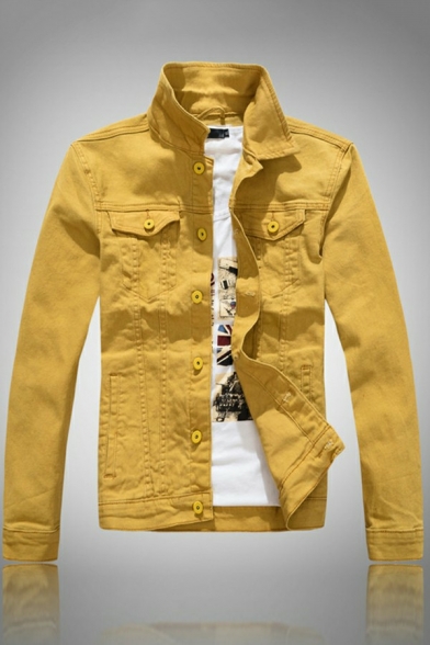 Chic Men's Jeans Jacket Solid Color Button Down Long Sleeves Regular Fit Denim Jacket