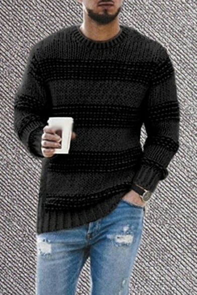 Classic Guys Sweater Stripe Pattern Round Collar Rib Hem Knitted Long Sleeve Regular Fit Sweater