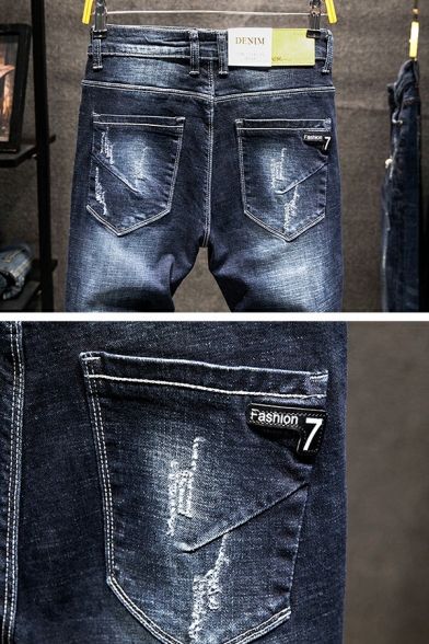 Classic Jeans Zip Fly Side Pocket Ripped Ankle Length Slim Fit Denim Jeans for Men