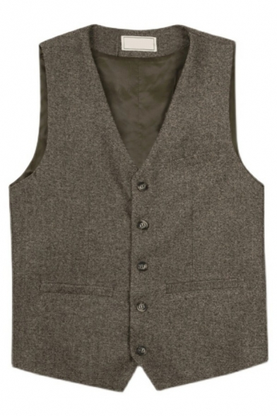 Cozy Guys Suit Vest Plain Button Placket V-Neck Relaxed Suit Vest