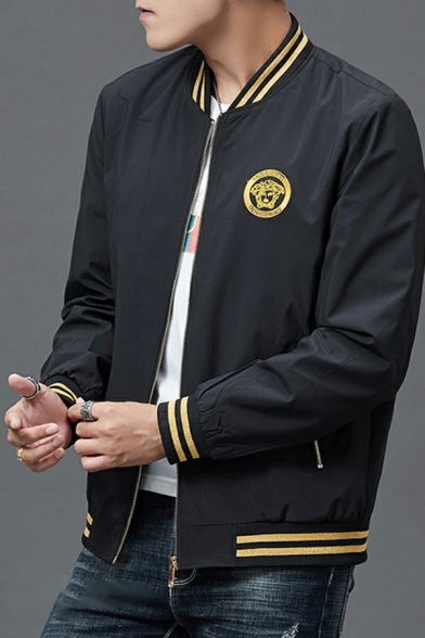 Dashing Mens Varsity Jacket Logo Pattern Zip up Long Sleeves Fitted Jacket